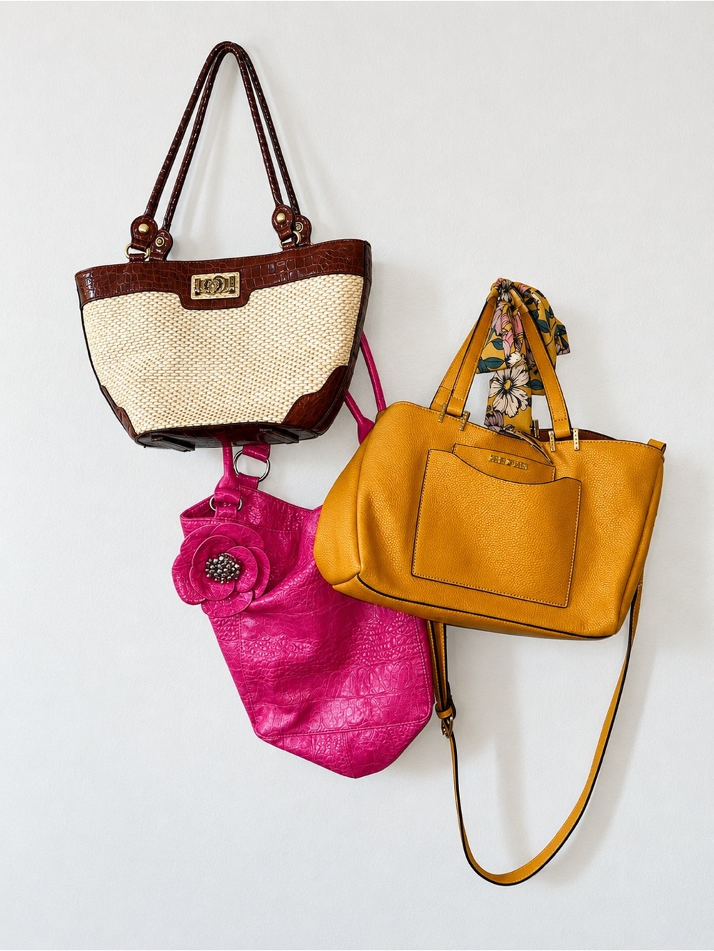 Steve Madden Mustard Yellow Tote with Floral Scarf Accent BUNDLE